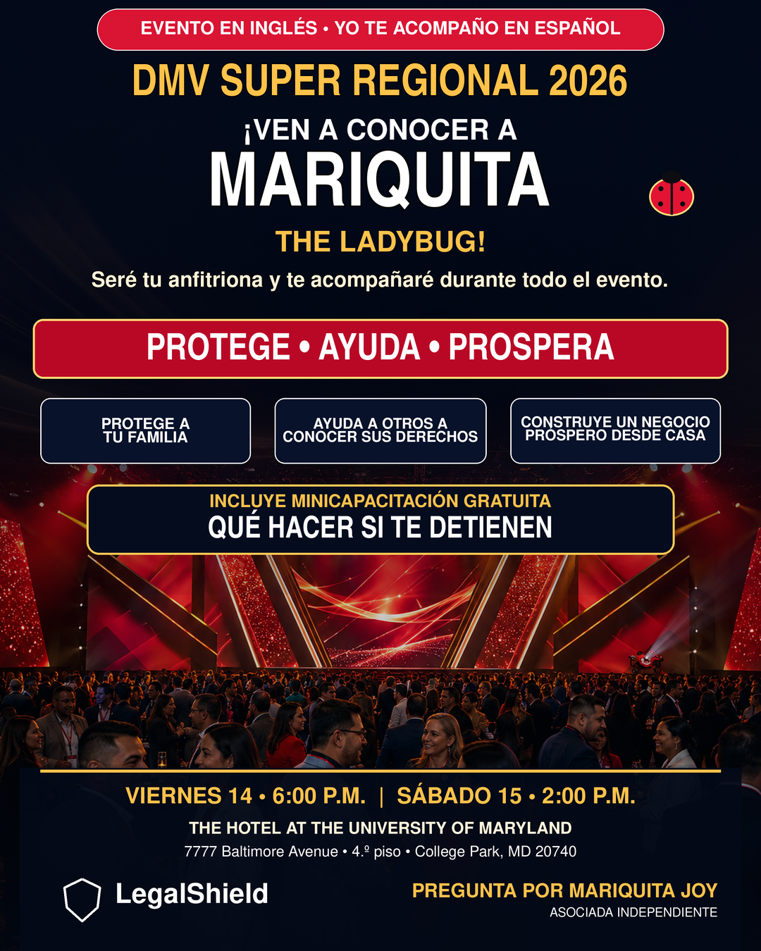 Flyer DMV Súper Regional 2026 — Ven a conocer a Mariquita, 14 y 15 de agosto, The Hotel at the University of Maryland, College Park