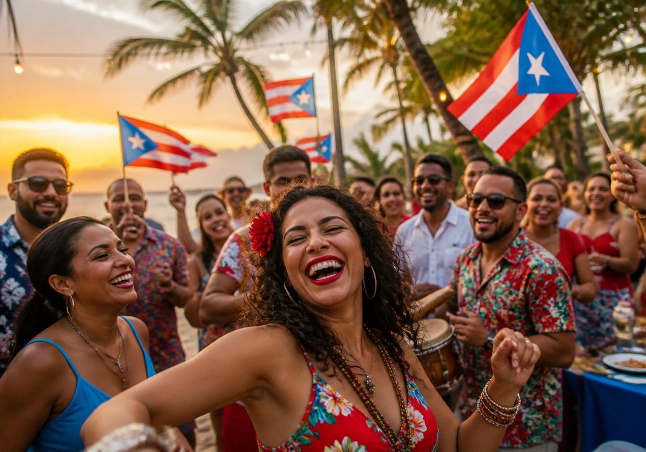 Familia y amigos puertorriqueños celebrando en la playa con banderas